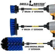 Images of the Drillbrush 2 inch Short, 4 inch, and Original Jumbo Medium Blue Marine & Pool Brushes in 5 inch extensions in cordless drills.