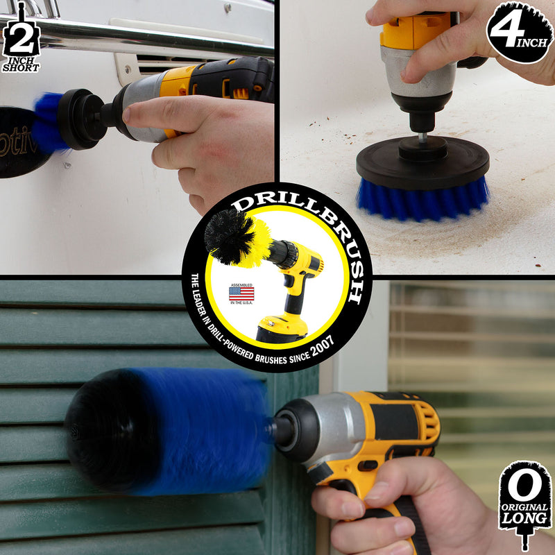 Action shots of a Medium Blue Original Jumbo brush cleaning shutters, a Medium Blue 2 inch Short Drillbrush cleaning the stern of a boat, and a Medium Blue 4 inch Drillbrush cleaning the hull.