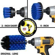 Images of the Drillbrush 2 inch Short, 4 inch, and Original Jumbo Medium Blue Marine & Pool Brushes in cordless drills.