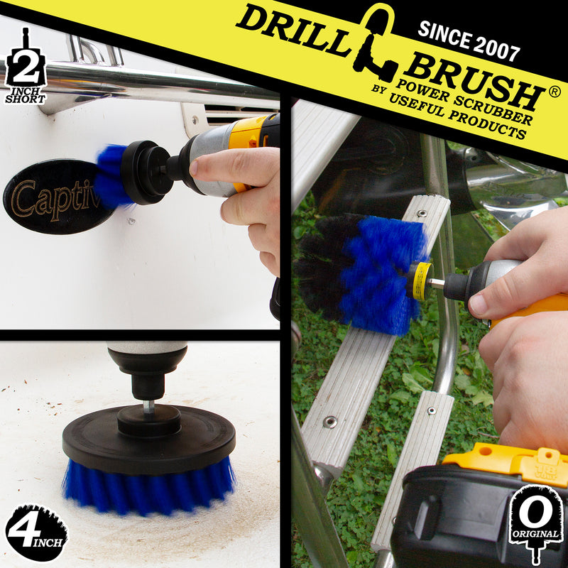 A Medium Blue 2 inch Short brush cleaning the trim of a boat, a Medium Blue 4 inch brush cleaning a boat seat, and a Medium Blue Original brush cleaning a boat ladder.