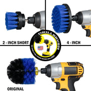 Images of the Drillbrush 2 inch Short, 4 inch, and Original Medium Blue Marine & Pool Brushes in cordless drills.