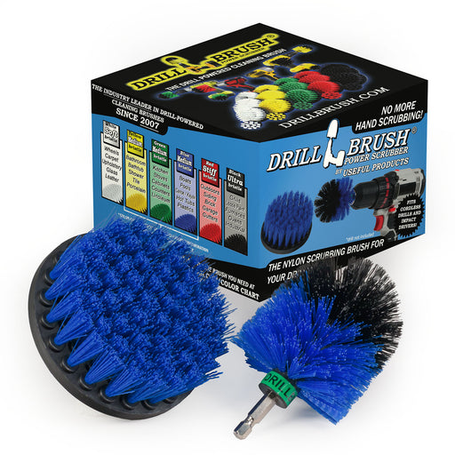 The Drillbrush 4M Medium Blue Marine & Pool Brush Kit in front of the box it comes in.