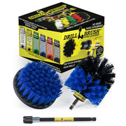The Drillbrush 4O-5X Medium Blue Pool and Marine Brush Kit in front of the packaging it comes in.