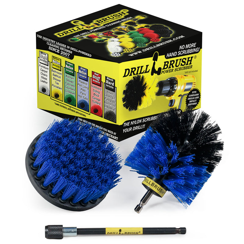 The Drillbrush 4O-5X Medium Blue Pool and Marine Brush Kit in front of the packaging it comes in.
