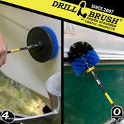 Action shots of a Medium Blue Original Drillbrush cleaning a trim on a boat and a Medium Blue 4 inch Drillbrush in a 5 inch extension cleaning the hull of a boat.