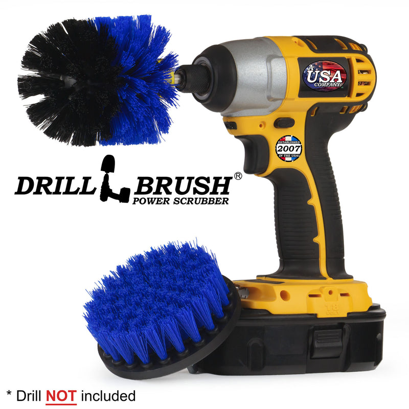 Drillbrush 4O Medium Blue Marine & Pool Brush Kit with an Original brush in a cordless drill.