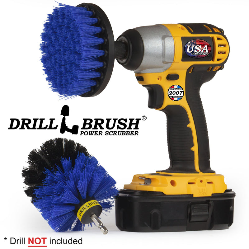 Drillbrush 4O Medium Blue Marine & Pool Brush Kit with a 4 inch brush in a cordless drill.