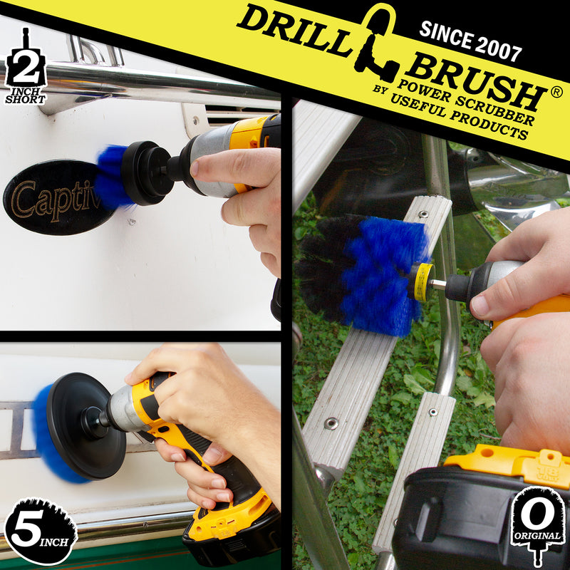 Action shots of a Medium Blue Original brush cleaning a boat ladder, a Medium Blue 2 inch Short Drillbrush cleaning the stern of a boat, and Medium Blue 5 inch Drillbrush cleaning the hull.