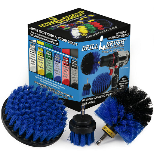 The Drillbrush 52O Medium Blue Marine & Pool Brush Kit in front of the box it comes in.