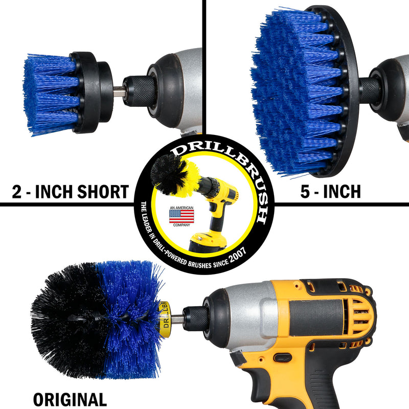 Images of the Drillbrush 2 inch Short, 5 inch, and Original Medium Blue Marine & Pool Brushes in cordless drills.