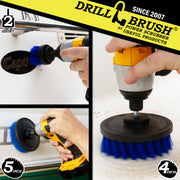 Action shots of a Medium Blue 2 inch Short Drillbrush cleaning the stern of a boat, and Medium Blue 4 inch and 5 inch Drillbrush cleaning the hull.