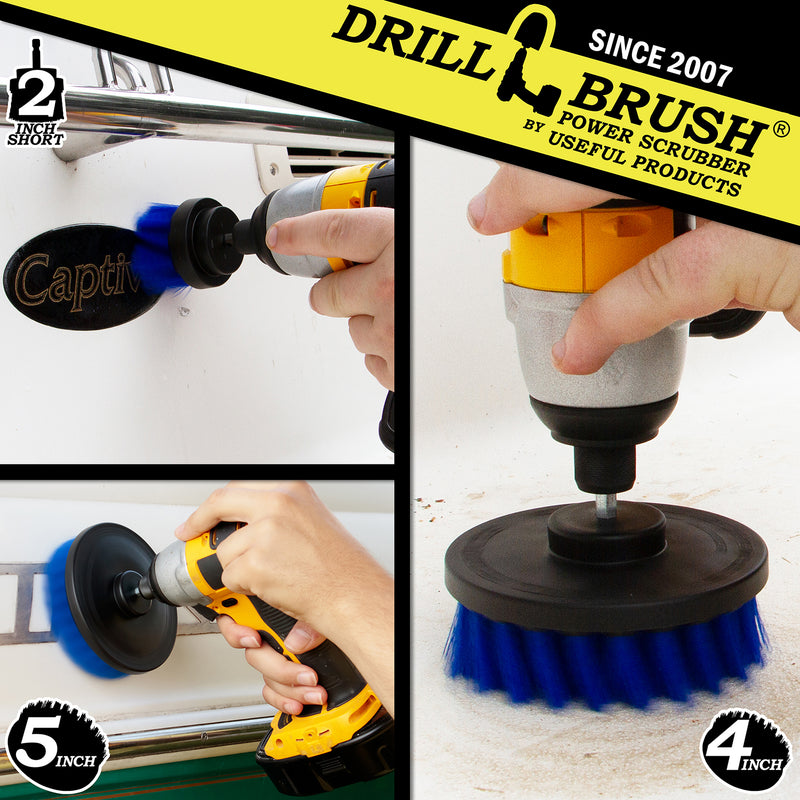 Action shots of a Medium Blue 2 inch Short Drillbrush cleaning the stern of a boat, and Medium Blue 4 inch and 5 inch Drillbrush cleaning the hull.