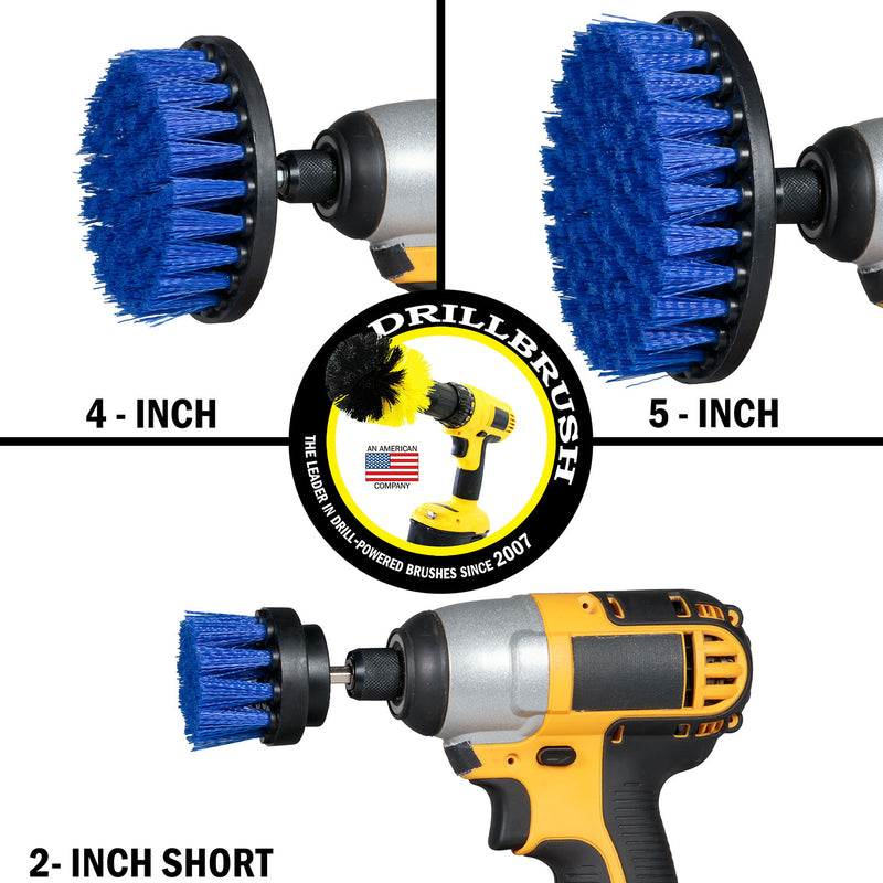 Images of the Drillbrush 2 inch Short, 4 inch, and 5 inch, Medium Blue Marine & Pool Brushes in cordless drills.