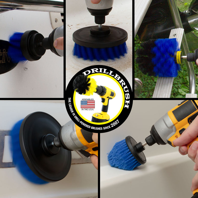 Action images of a Medium Blue 2 inch Short, 4 inch Flat, 5 inch Flat, and Cone-shaped Corner Drillbrush  brushes scrubbing a boat hull and a Medium Blue Original cleaning a boat ladder.