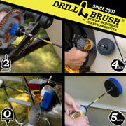 Action shots of a Medium Blue Original brush in a 7 inch extension cleaning a propeller, a Medium Blue 2 inch Short Drillbrush in a 7 inch extension cleaning a gear, and Medium Blue 4 inch in a 7 inch extension cleaning a hull, and a Medium Blue 5 inch Drillbrush in a 7 inch extension cleaning behind a motor.