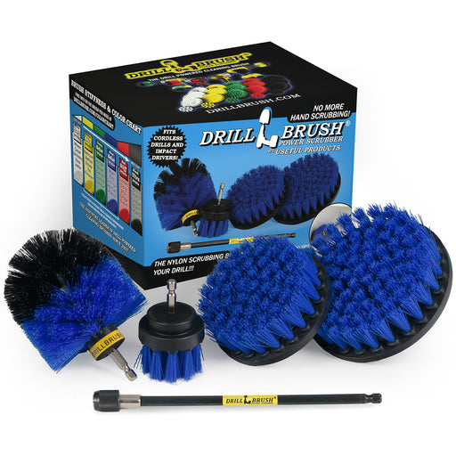 The Drillbrush 542O-7X Medium Blue Marine & Pool Brush Kit in front of the box it comes in.