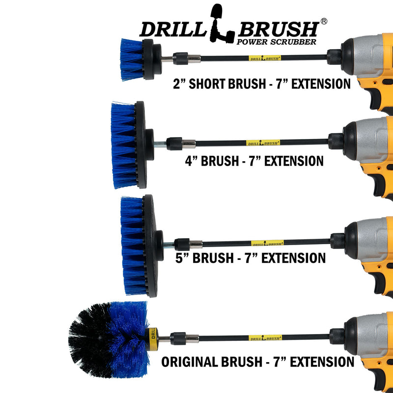 Images of the Drillbrush 2 inch Short, 4 inch, 5 inch, and Original Medium Blue Marine & Pool Brushes in 7 inch extensions cordless drills.