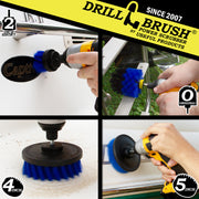 Action shots of a Medium Blue Original brush cleaning a boat ladder, a Medium Blue 2 inch Short Drillbrush cleaning the stern of a boat, and Medium Blue 4 inch and 5 inch Drillbrush cleaning the hull.