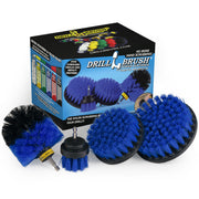 The Drillbrush 542O Medium Blue Marine & Pool Brush Kit in front of the box it comes in.