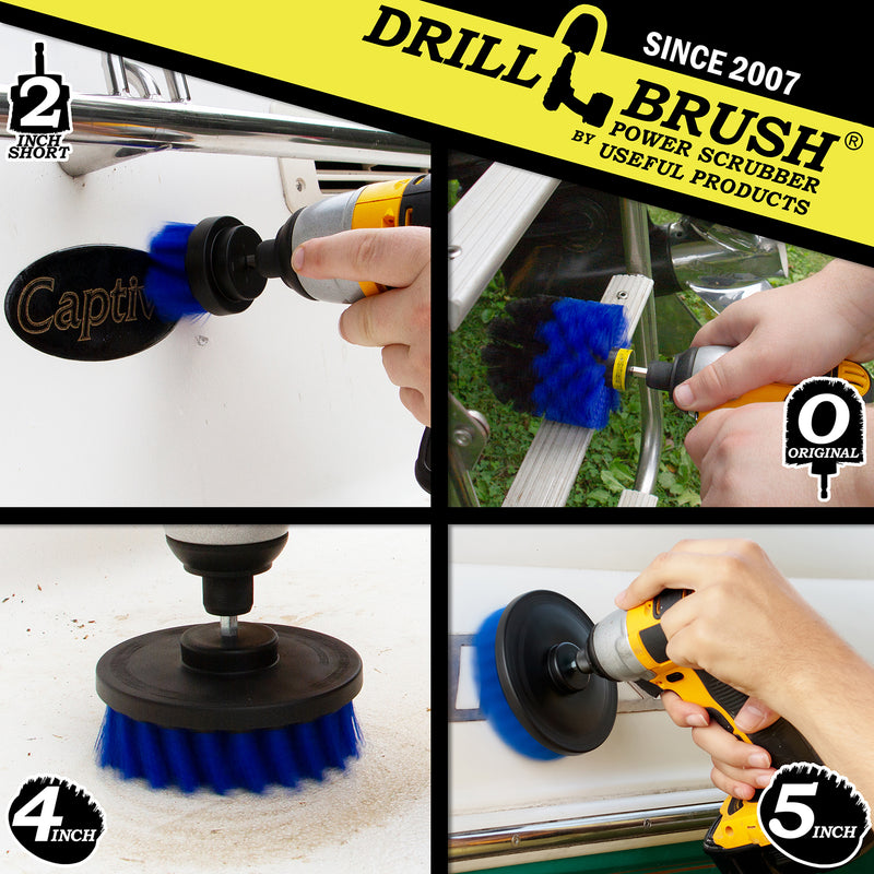 Action shots of a Medium Blue Original brush cleaning a boat ladder, a Medium Blue 2 inch Short Drillbrush cleaning the stern of a boat, and Medium Blue 4 inch and 5 inch Drillbrush cleaning the hull.