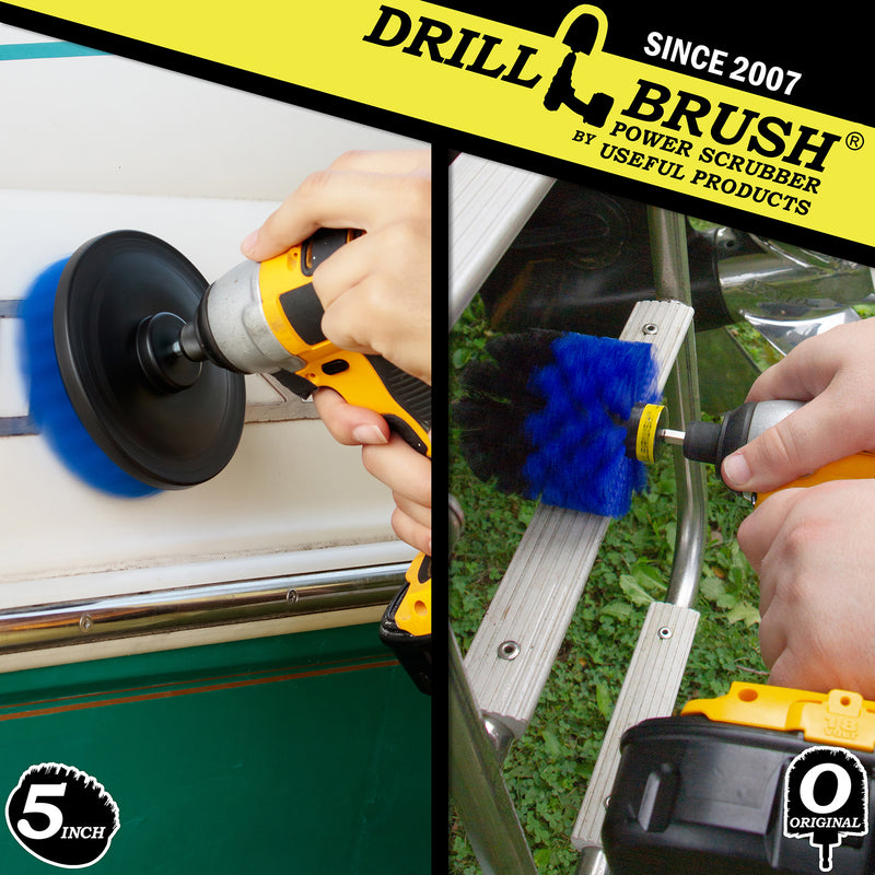 Action shots of a Medium Blue Original brush cleaning a boat ladder and a Medium Blue 5 inch Drillbrush cleaning the hull.