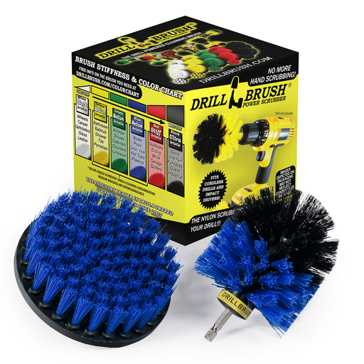 Drillbrush Medium Blue 5O Marine and Pool Brush Kit in front of the box it comes in.