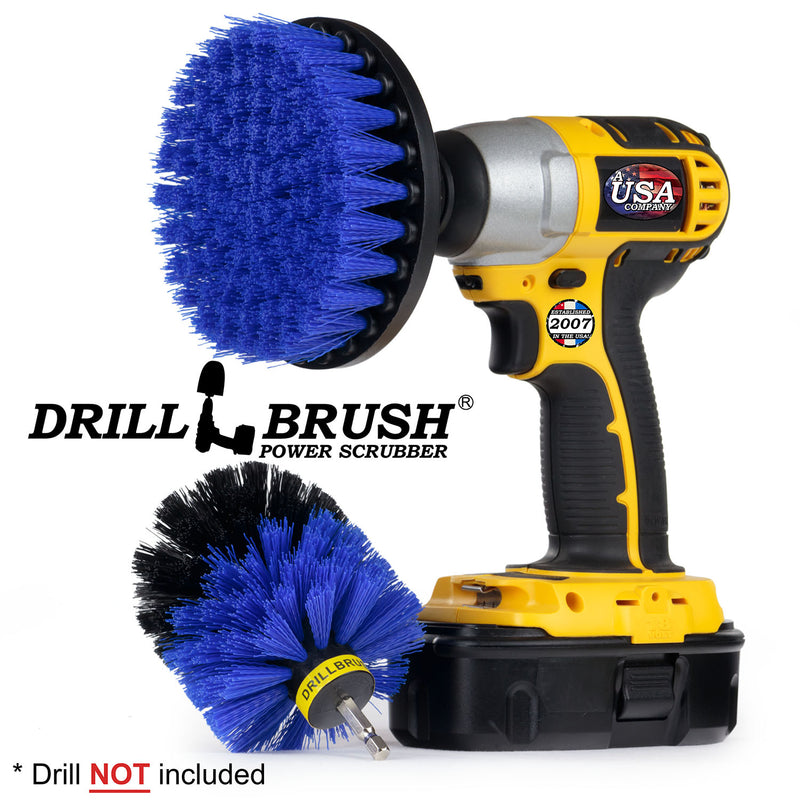 Drillbrush 5O Medium Blue Marine & Pool Brush Kit with a 5 inch brush in a cordless drill.
