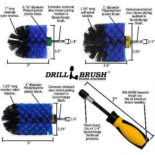 Jumbo, Original, and Mini Brushes w/ Handle Kit - Medium Blue Bristles - Marine, Pool, and Pet Cleaning | B-S-JOM-HD-QC-DB