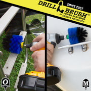 Action shots of a Medium Blue Original brush cleaning a boat ladder and a Medium Blue Mini Drillbrush cleaning a handle.