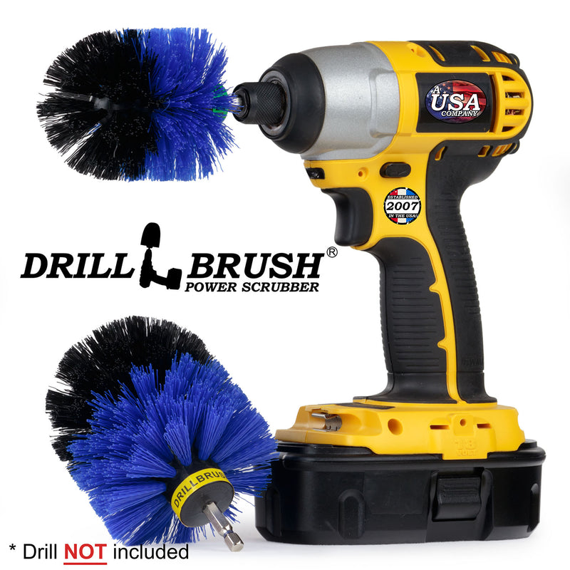 Drillbrush MO Medium Blue Marine & Pool Brush Kit with a Mini brush in a cordless drill.