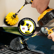 Action shots of a Medium Yellow Original Drillbrush in a 5 inch extension cleaning a tub corner and an Ultra Stiff Black Original Drillbrush in a 5 inch extension cleaning grill grates.