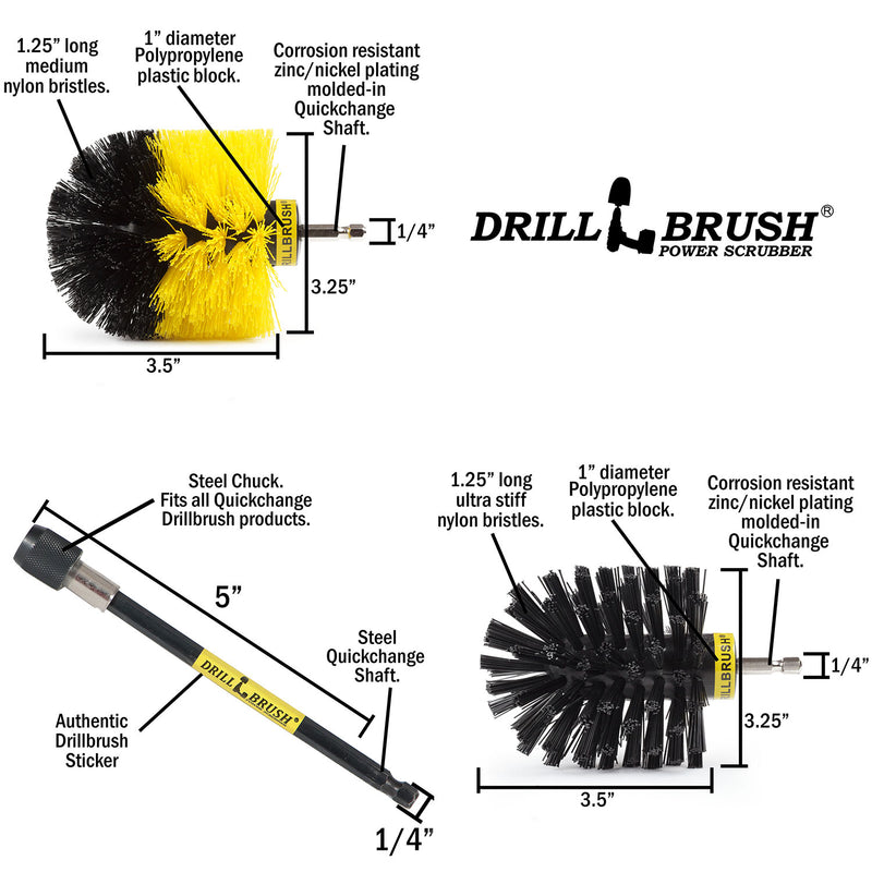 Specs for the Drillbrush Medium Yellow and Ultra Stiff Black Original 2-piece Variety Brush Kit with a 5 inch extension.