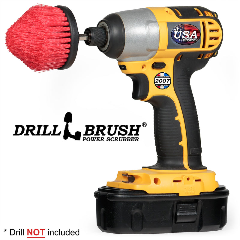 Drillbrush Stiff Red Cone-shaped Corner brush in a cordless drill.