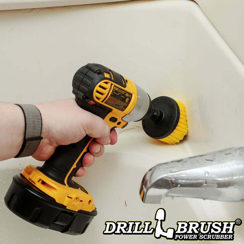 Drillbrush Medium Yellow Corner Brush cleaning the corner of a bath tub.