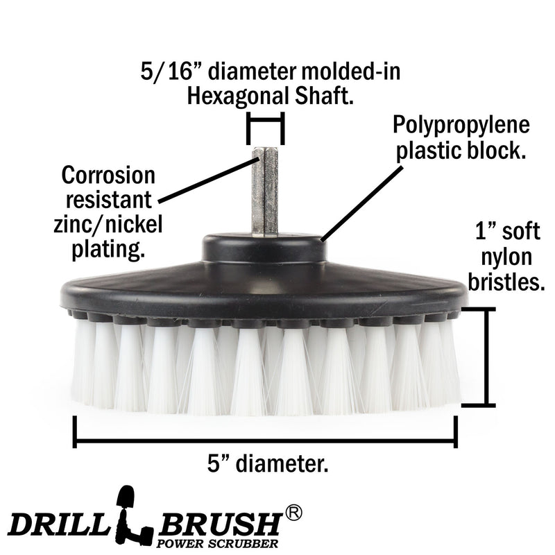 Spec sheet for the Drillbrush 5 inch Hex Soft White Home & Auto Brush.
