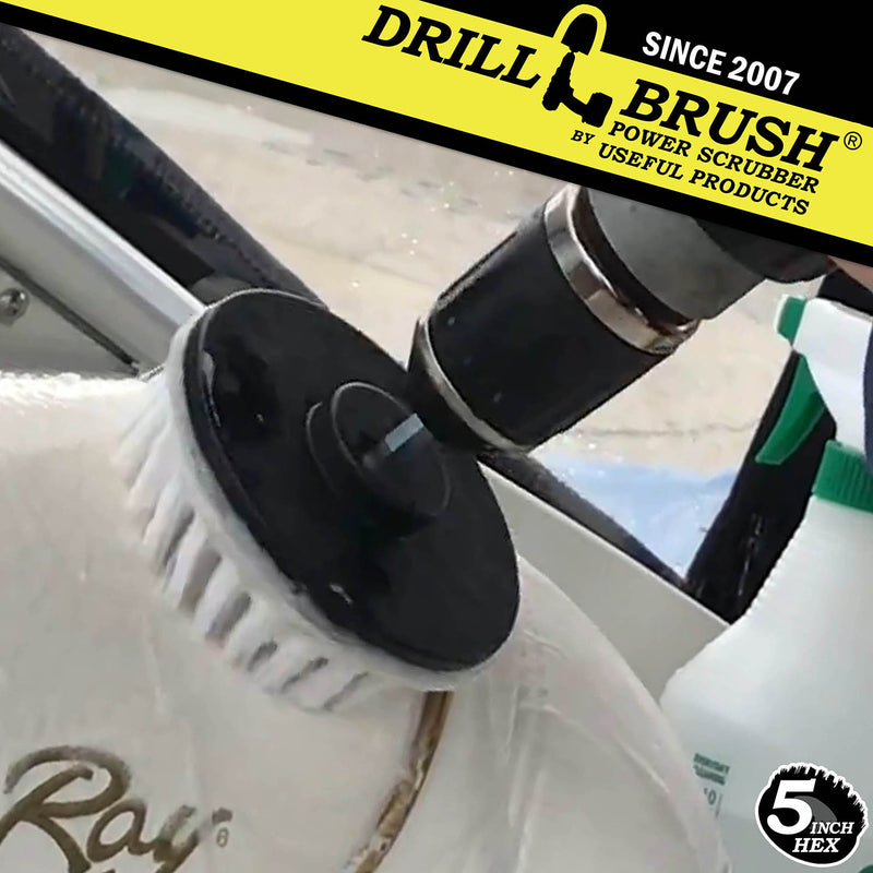 Drillbrush 5 inch Hex Soft White Home & Auto Brush in a cordless drill cleaning a boat seat.