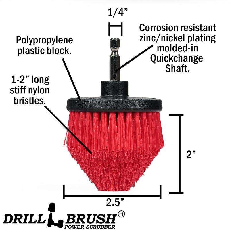 Technical specs and dimensions for the Stiff Red Cone-shaped Corner Drillbrush.