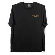 The Drillbrush black polyester t-shirt, laid flat.