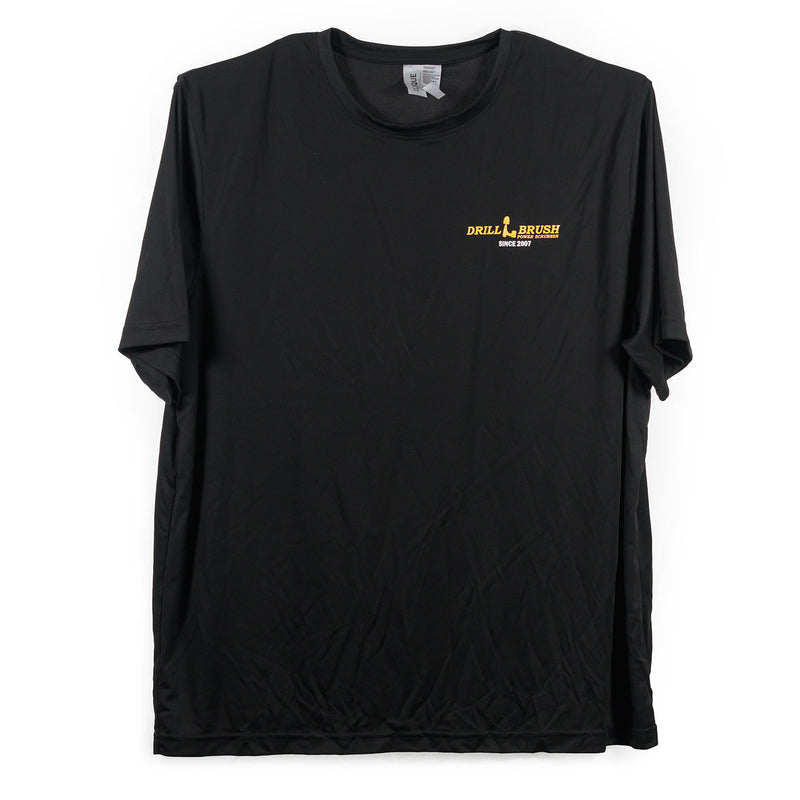 The Drillbrush black polyester t-shirt, laid flat.