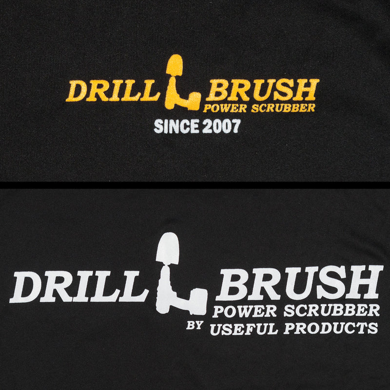 The front and back logos of the Drillbrush black polyester t-shirt.