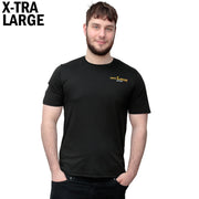 Model wearing the Drillbrush black polyester t-shirt, shown from the front.