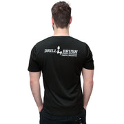 Model wearing the Drillbrush black polyester t-shirt, shown from the back.
