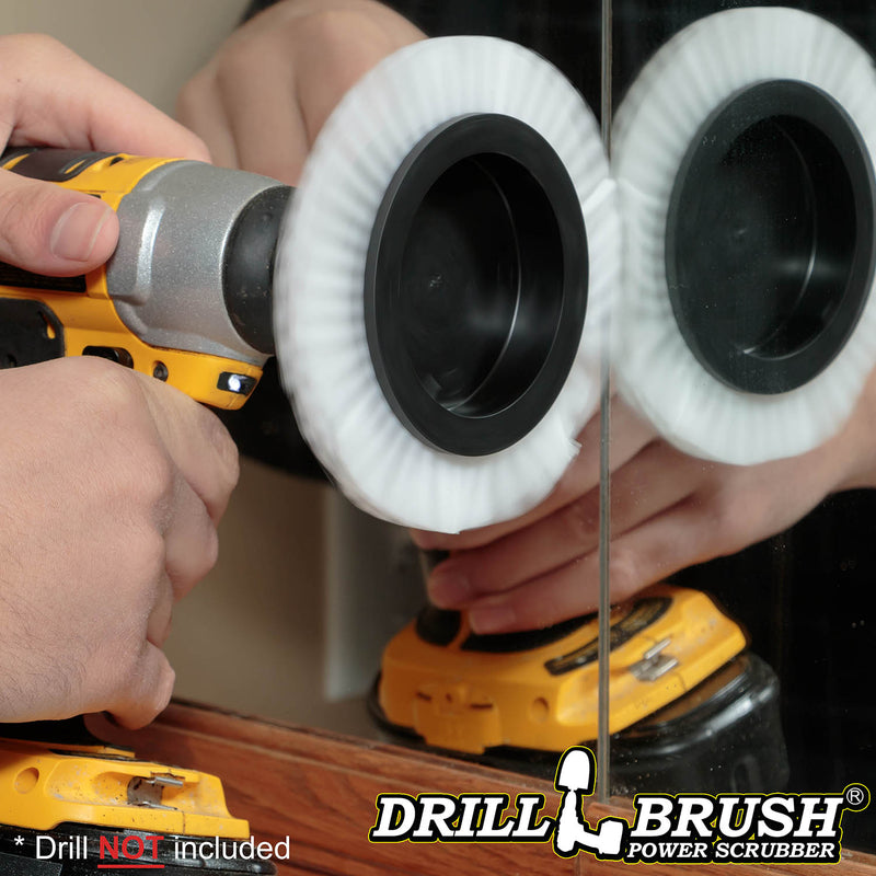 Action shot of a Drillbrush Soft White Home and Auto Edge Brush cleaning a mirror.