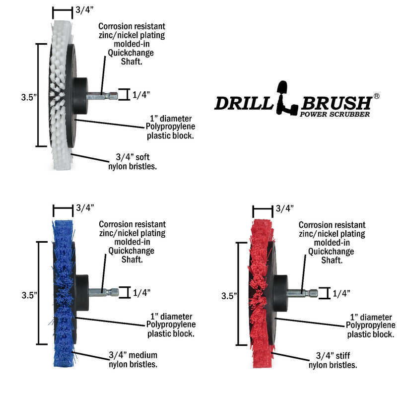 Edge Brush 3-piece Kit - Soft, Medium, & Stiff Bristles - Home, Marine, Pool, Pet, and Outdoor Cleaning | E-S-WBR-QC-DB