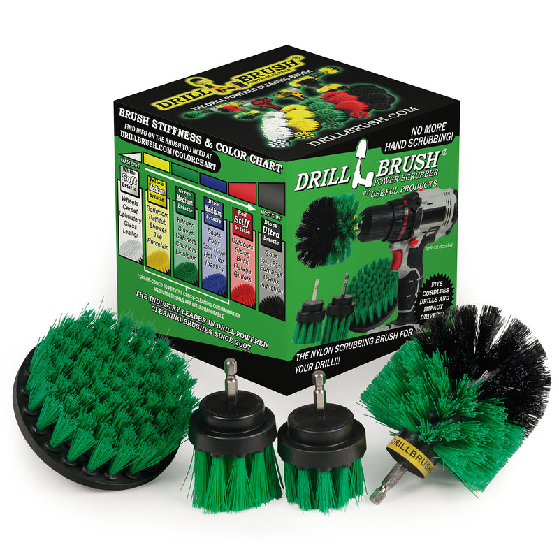 The Drillbrush 42OS-2L Medium Green Kitchen Brush Kit in front of the box it comes in.