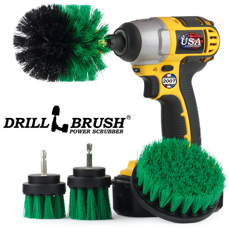 Drillbrush 42OS-2L Medium Green Kitchen Brush Kit with an Original brush in a cordless drill.