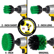 Images of the Drillbrush 2 inch Short, 2 inch Long, 4 inch, and Original Medium Green Kitchen Brushes in cordless drills.