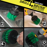 Action shots of a Medium Green Original brush cleaning around a sink, a Medium Green 2 inch Short Drillbrush cleaning the drain in a sink, a Medium Green 2 inch Long Drillbrush cleaning around a faucet fixture, and a Medium Green 4 inch Drillbrush cleaning the side of a sink.