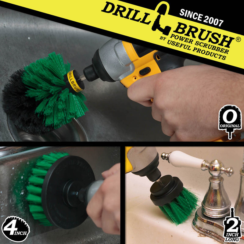 Action shots of a Medium Green Original brush cleaning the drain in a sink, a Medium Green 2 inch Long Drillbrush cleaning a faucet fixture, and a Medium Green 4 inch Drillbrush cleaning a stovetop.