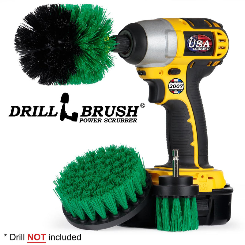 Drillbrush 4OS-2L Medium Green Kitchen Brush Kit with an Original brush in a cordless drill.